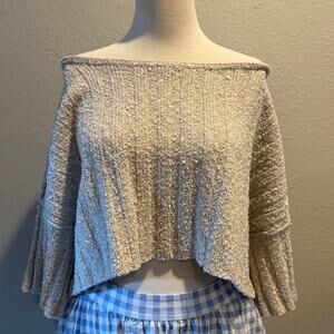 FREE PEOPLE Cropped Chunky Oversized Sweater Off-The-Shoulder Tan Sz XS Granola